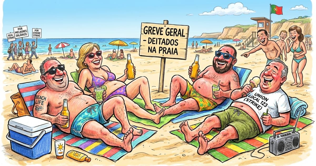 Ilustração satírica de pessoas a aproveitar um dia de praia sob a ideia caricatural de uma greve sem seriedade nem propósito.