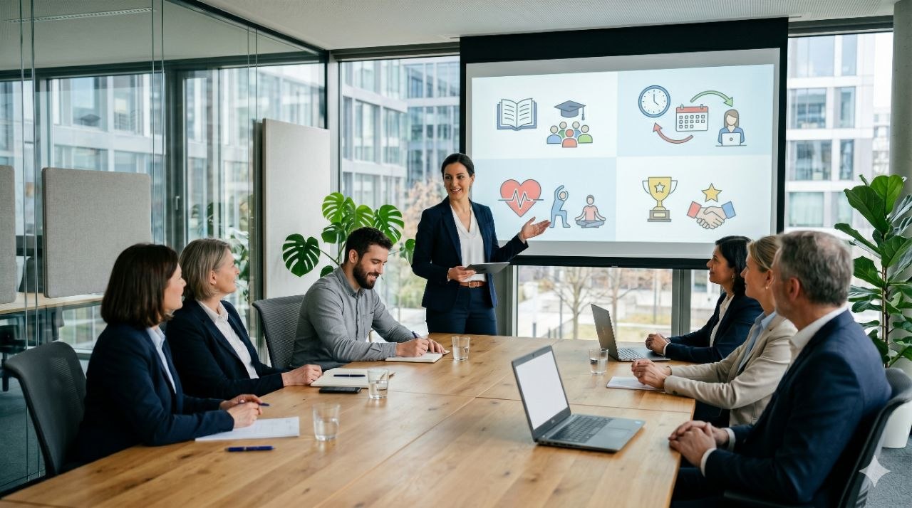 Responsável apresenta benefícios e práticas de valorização da equipa numa reunião de trabalho.