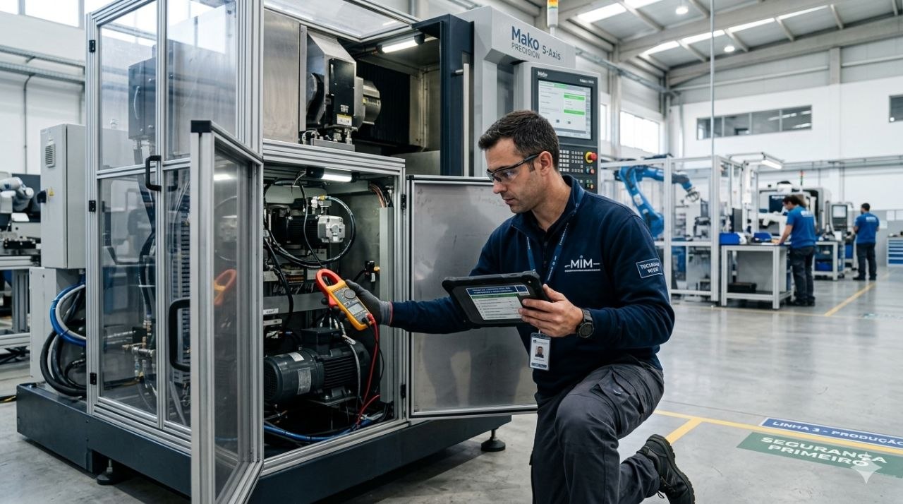 Técnico de manutenção a inspecionar equipamento industrial em ambiente de produção moderno