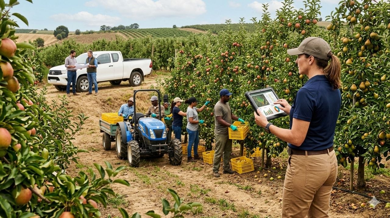 Responsável operacional acompanha o trabalho na fruteira com apoio digital enquanto a equipa executa no terreno.