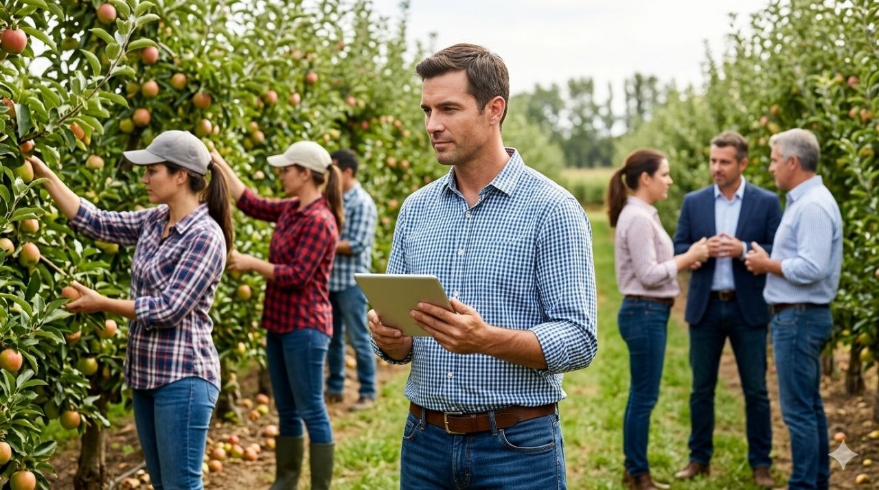 Responsável operacional numa fruteira enquanto a equipa trabalha no terreno e outros decisores conversam ao fundo.