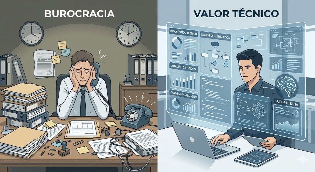 Contraste visual entre burocracia administrativa e valor técnico apoiado por dados e inteligência artificial.