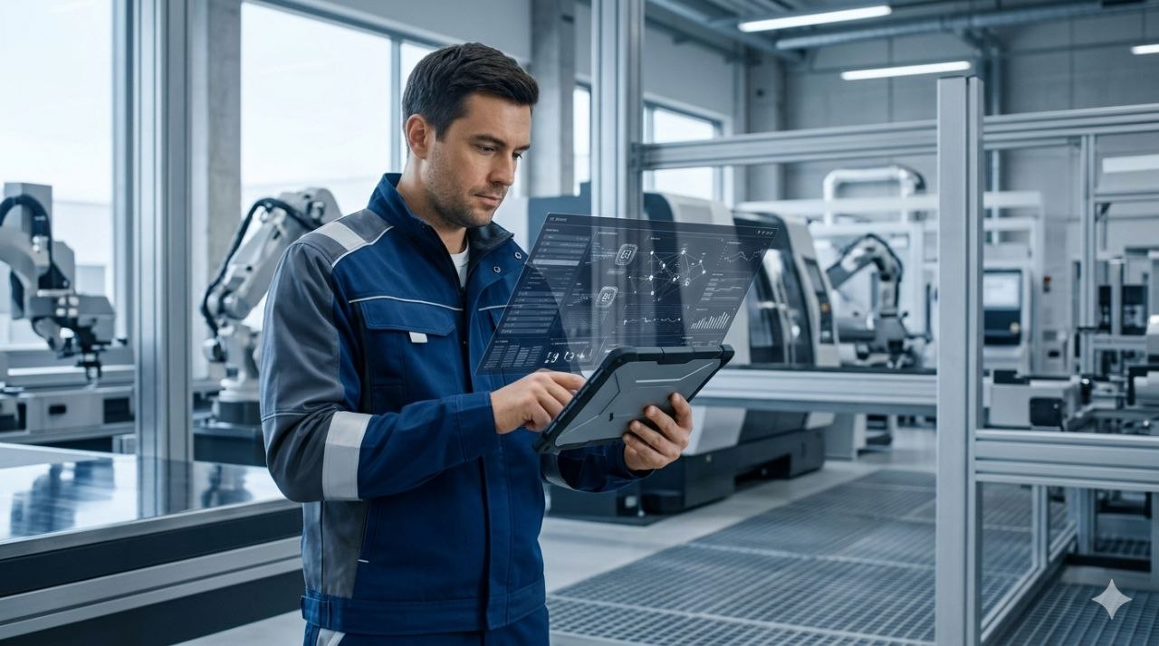 Técnico industrial a utilizar um tablet com apoio digital em ambiente de produção automatizada.