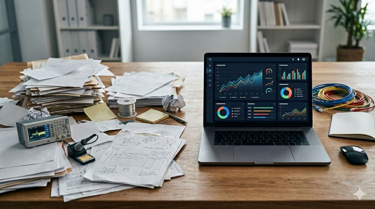 Contraste entre folhas e registos dispersos em papel e um dashboard digital com dados de assistência técnica.