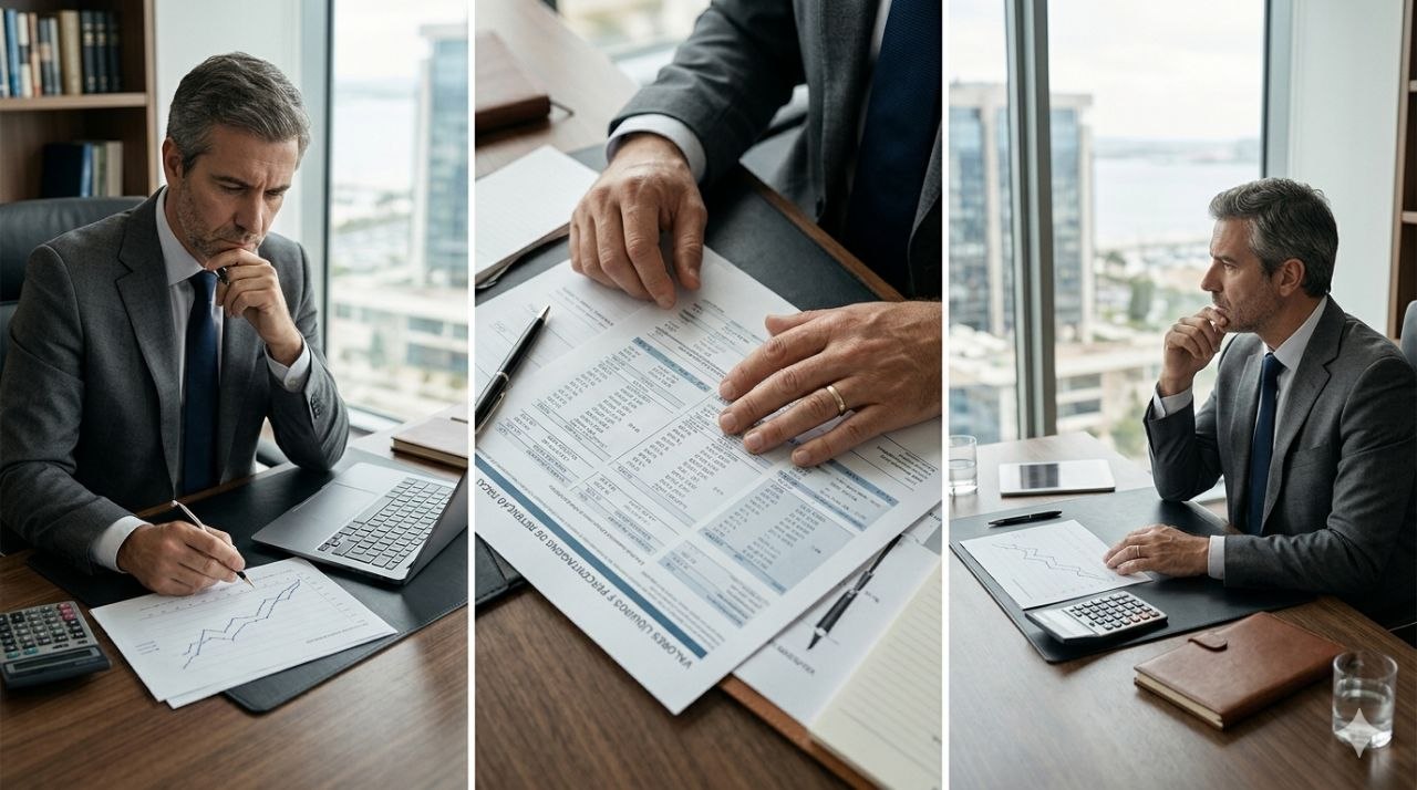 Profissional analisa documentos financeiros e impacto fiscal de uma decisão de investimento num escritório moderno.