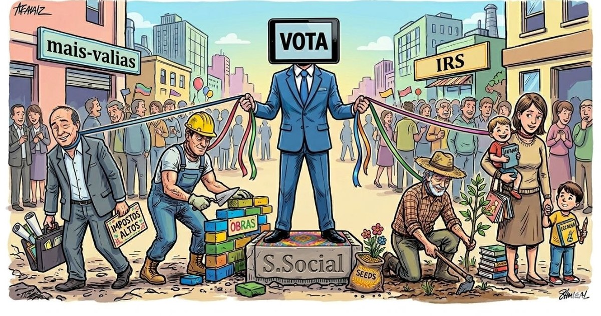 Ilustração editorial sobre mais-valias, IRS e carga fiscal sobre trabalhadores, empresários e famílias em Portugal.